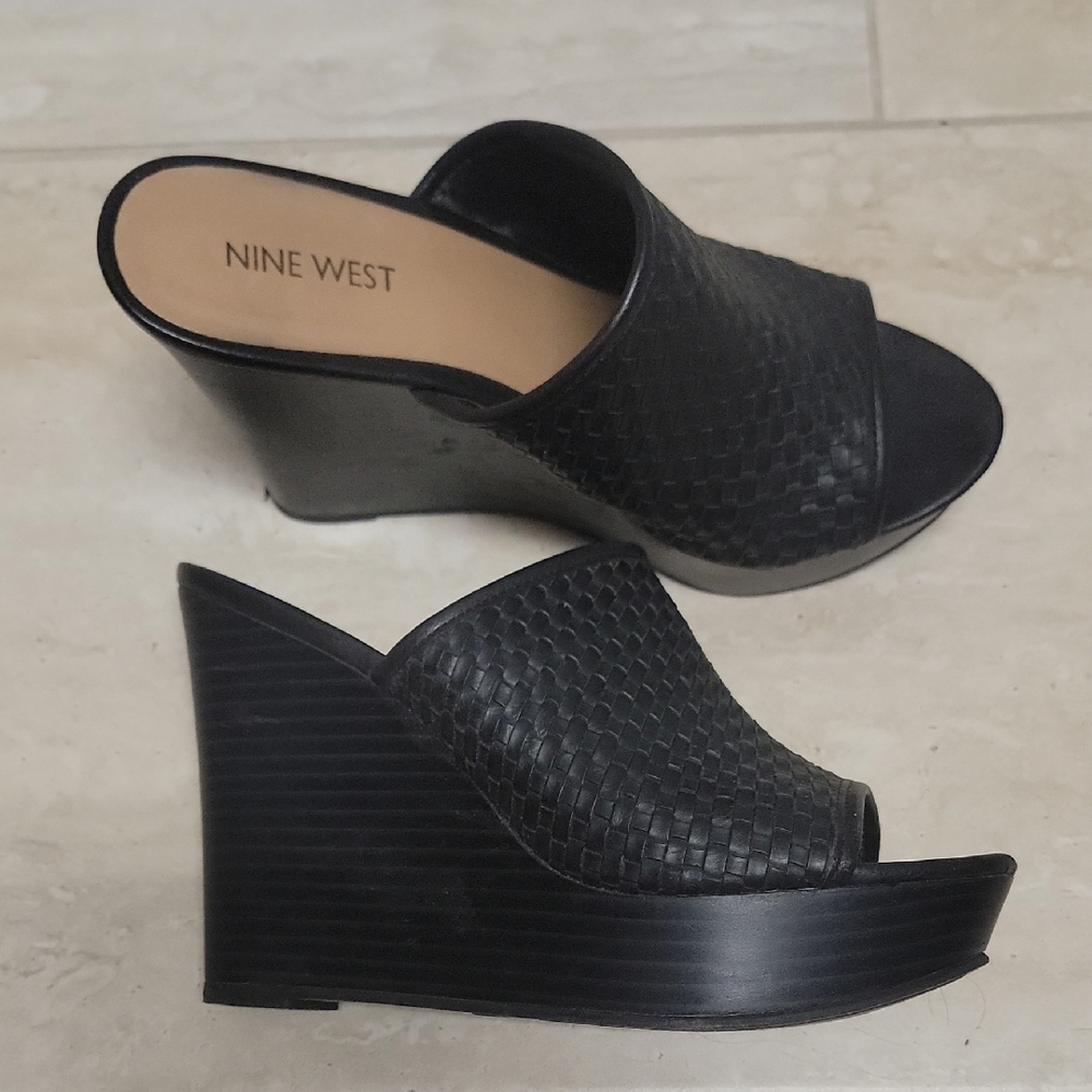 Nine West Black Woven Wedge Mules